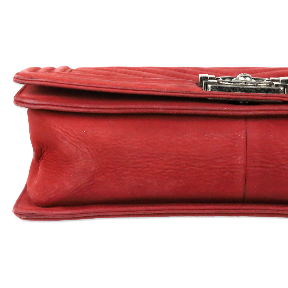 Chanel Red Chevron Suede Medium Boy Bag