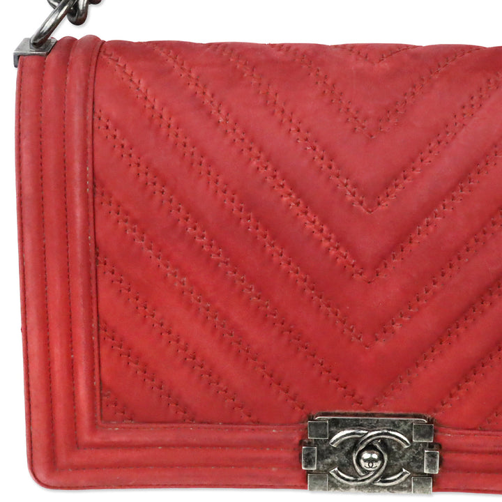 Chanel Red Chevron Suede Medium Boy Bag