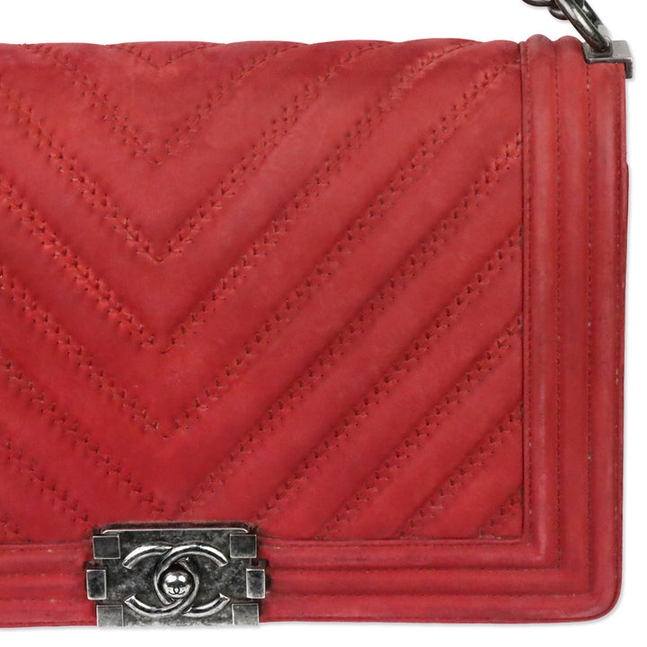 Chanel Red Chevron Suede Medium Boy Bag