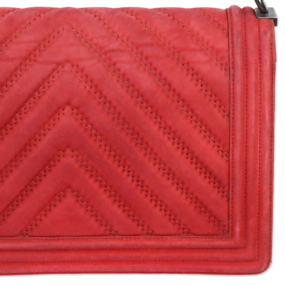 Chanel Red Chevron Suede Medium Boy Bag