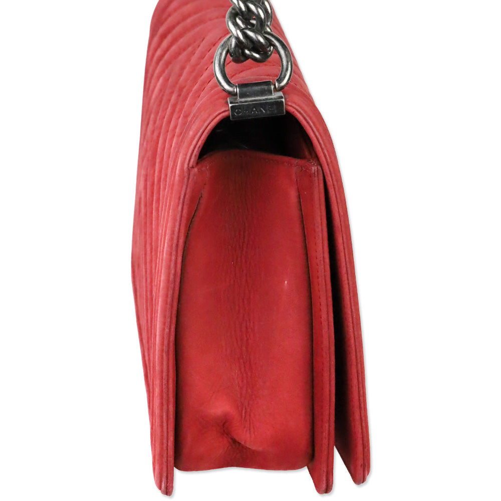 Chanel Red Chevron Suede Medium Boy Bag
