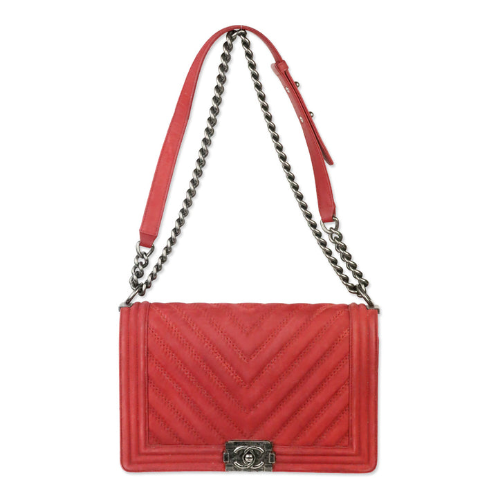 Chanel Red Chevron Suede Medium Boy Bag
