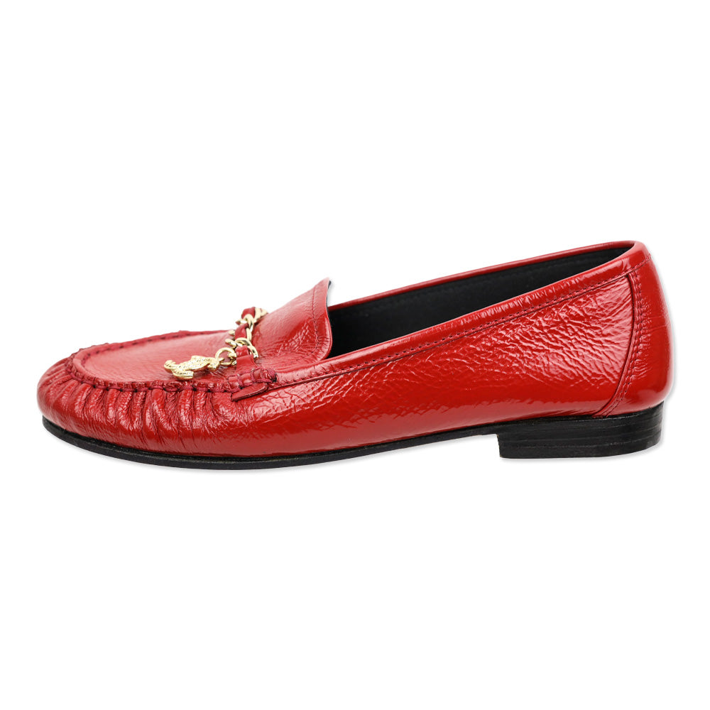 Chanel Red Crinkle Patent Leather CC Chain Loafers