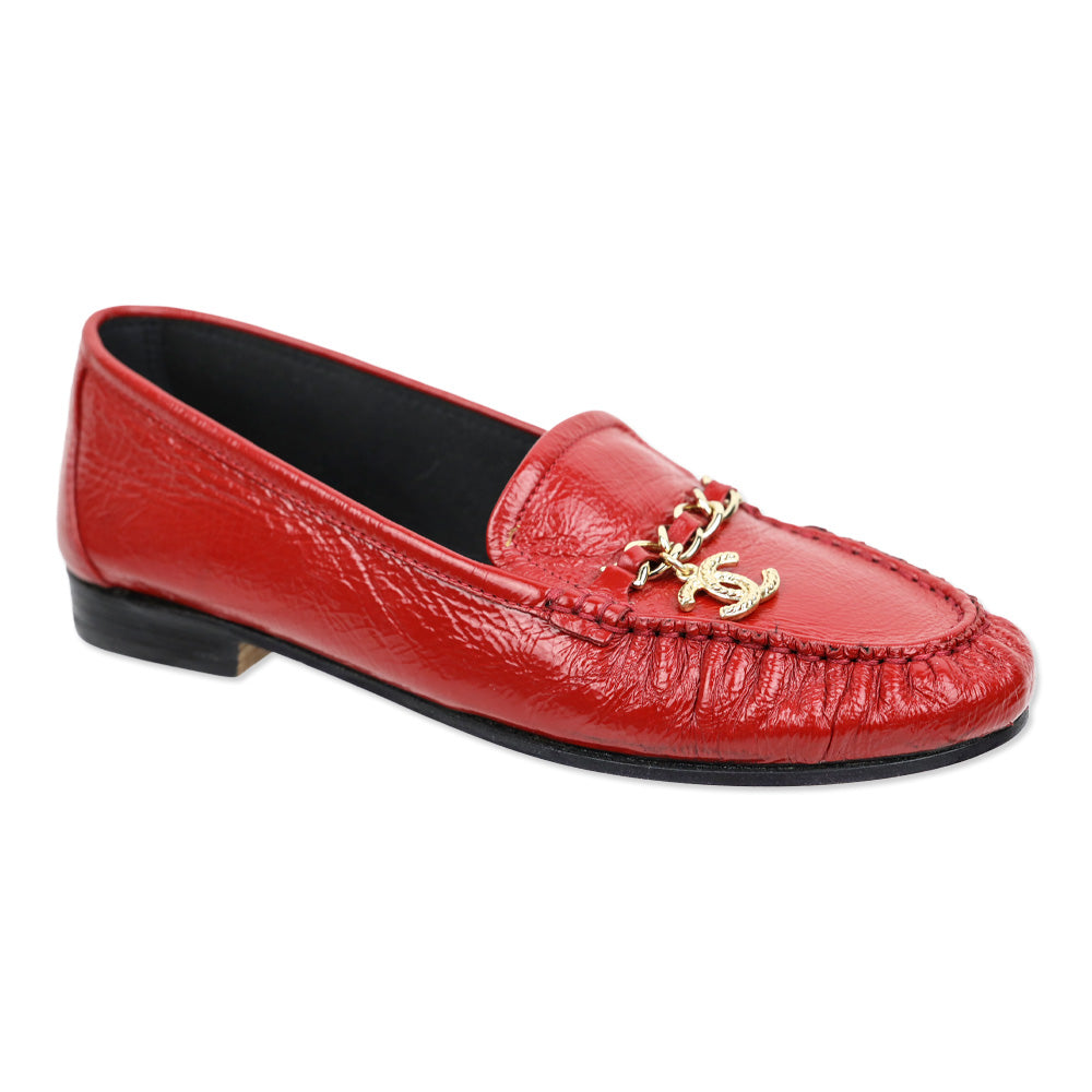 Chanel Red Crinkle Patent Leather CC Chain Loafers