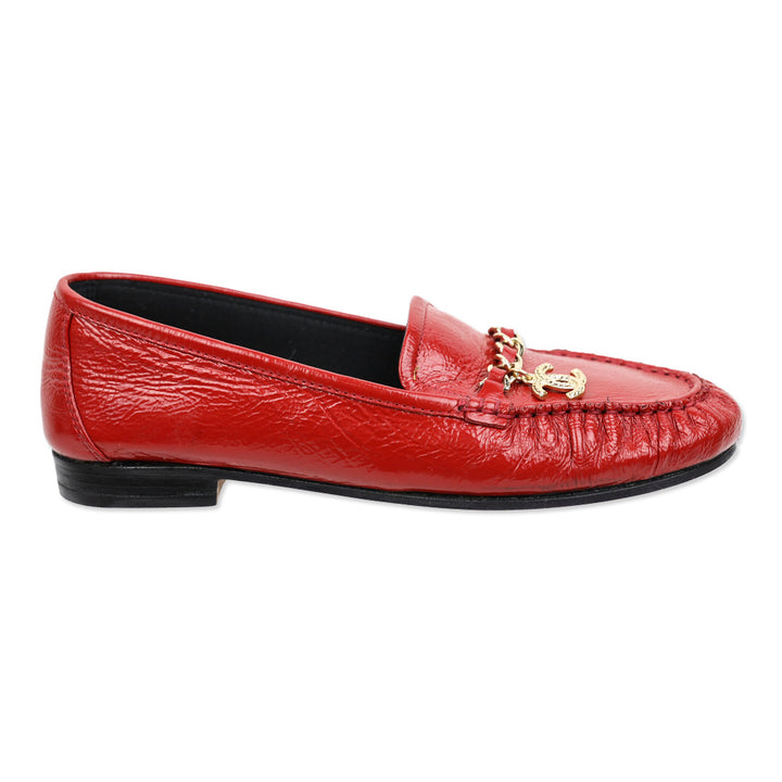Chanel Red Crinkle Patent Leather CC Chain Loafers