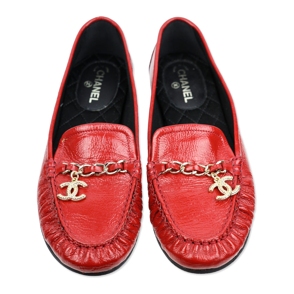 Chanel Red Crinkle Patent Leather CC Chain Loafers