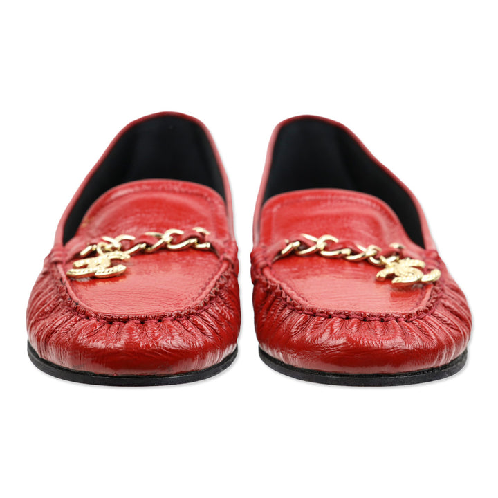Chanel Red Crinkle Patent Leather CC Chain Loafers