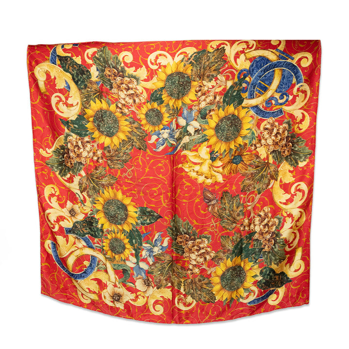 Chanel Red Silk Sunflower Scarf