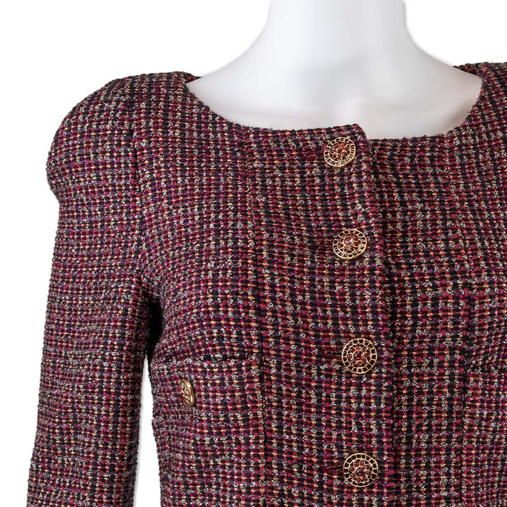 Chanel Red and Black Long Sleeve Tweed Dress with Crystal Buttons