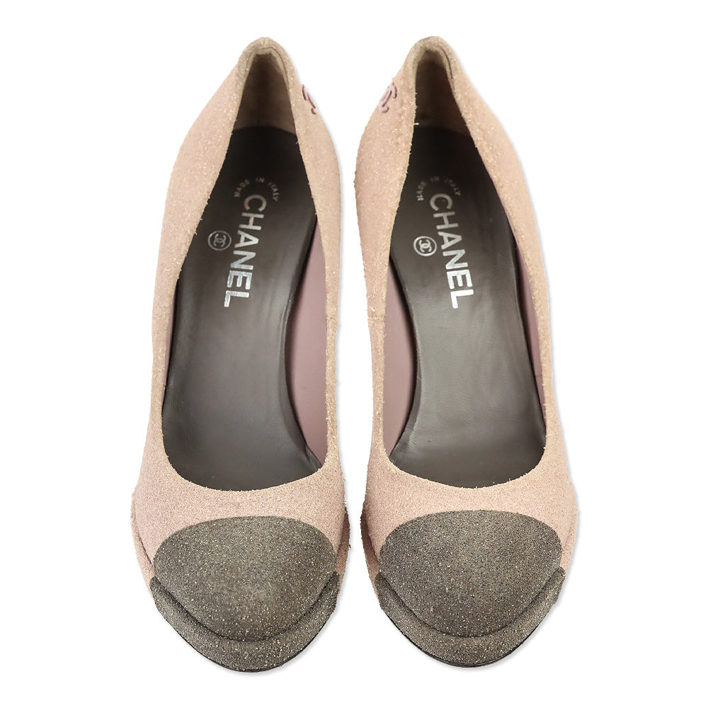 Chanel Rose/Taupe Glitter Cap Toe Platform Pumps