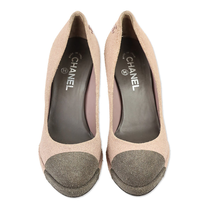 Chanel Rose/Taupe Glitter Cap Toe Platform Pumps