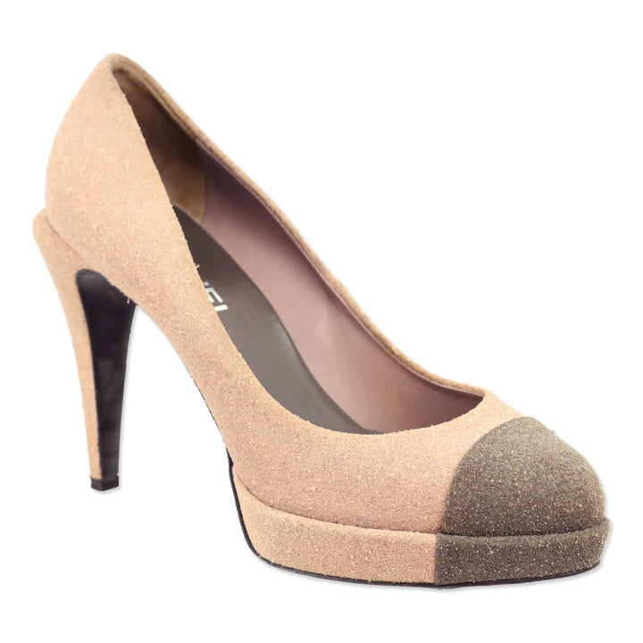 Chanel Rose/Taupe Glitter Cap Toe Platform Pumps