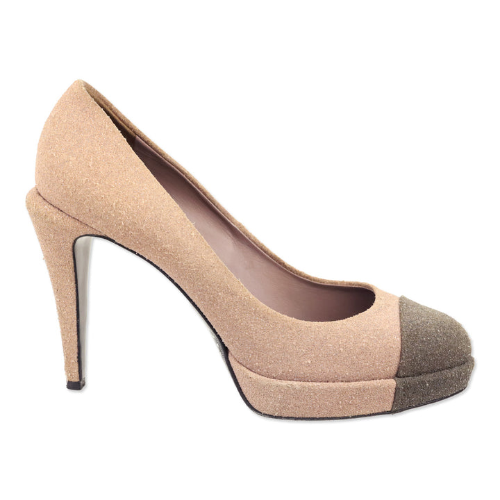 Chanel Rose/Taupe Glitter Cap Toe Platform Pumps