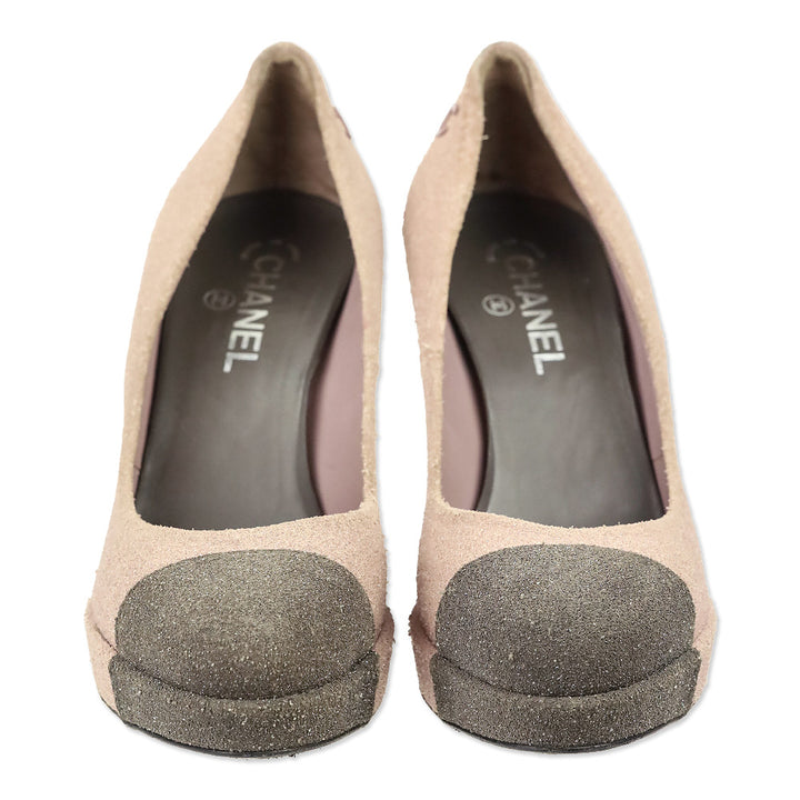 Chanel Rose/Taupe Glitter Cap Toe Platform Pumps