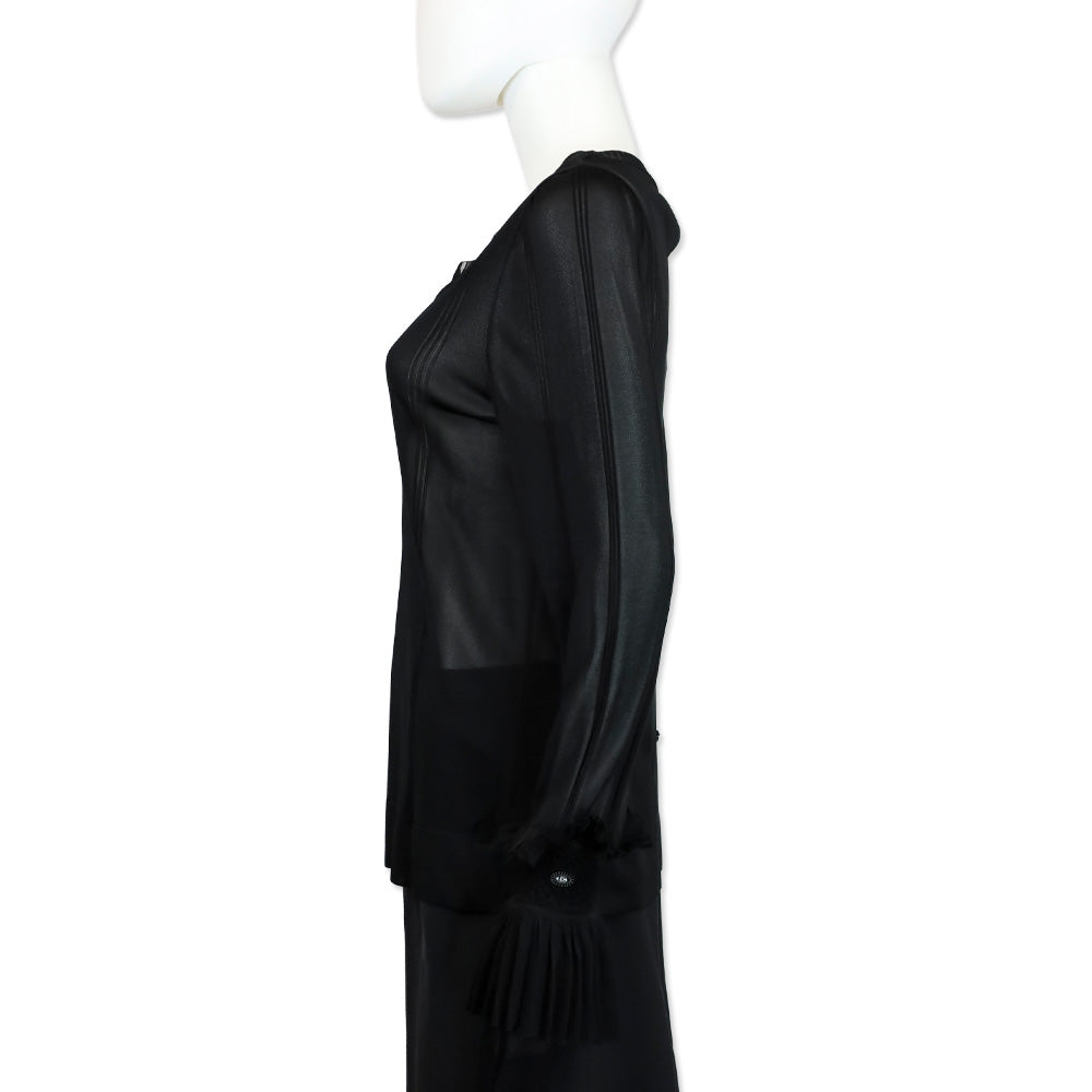Chanel S/S 2008 Black Rayon Knit Ruffle Sleeve Sheer Sweater