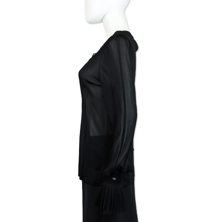 Chanel S/S 2008 Black Rayon Knit Ruffle Sleeve Sheer Sweater