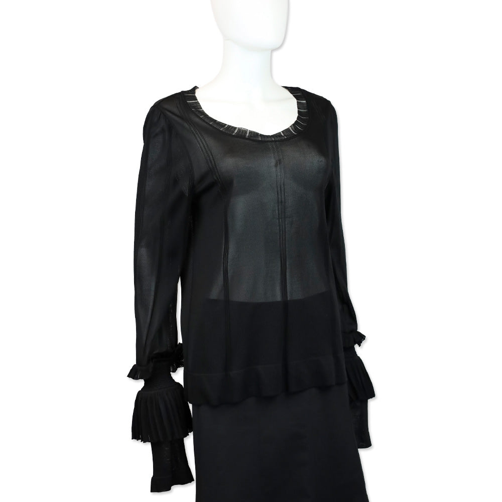 Chanel S/S 2008 Black Rayon Knit Ruffle Sleeve Sheer Sweater