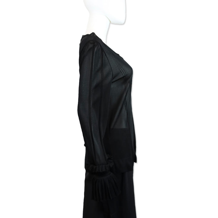 Chanel S/S 2008 Black Rayon Knit Ruffle Sleeve Sheer Sweater