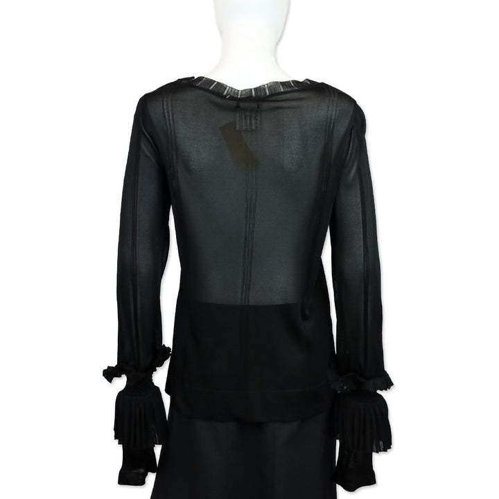 Chanel S/S 2008 Black Rayon Knit Ruffle Sleeve Sheer Sweater
