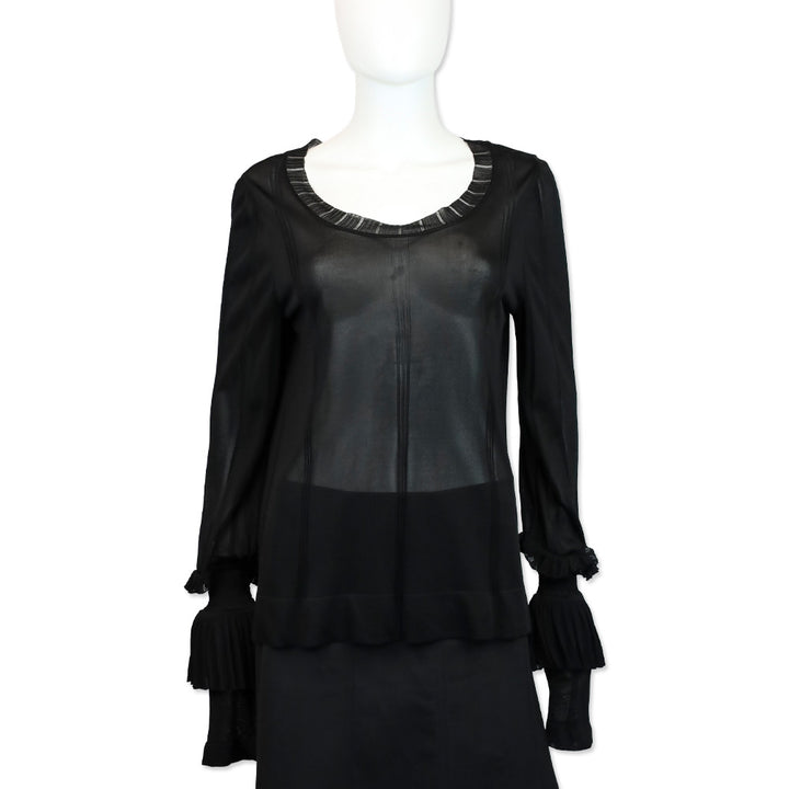 Chanel S/S 2008 Black Rayon Knit Ruffle Sleeve Sheer Sweater