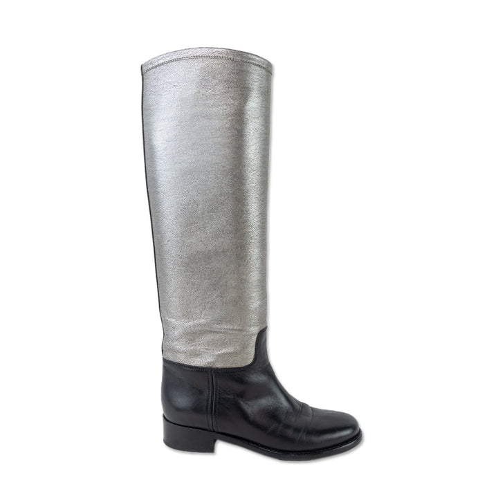 Chanel Silver Black Color Blocked Leather Riding Boots