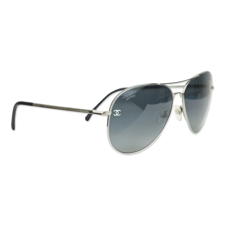Chanel Silver Titanium & Black Calfskin Pilot Sunglasses