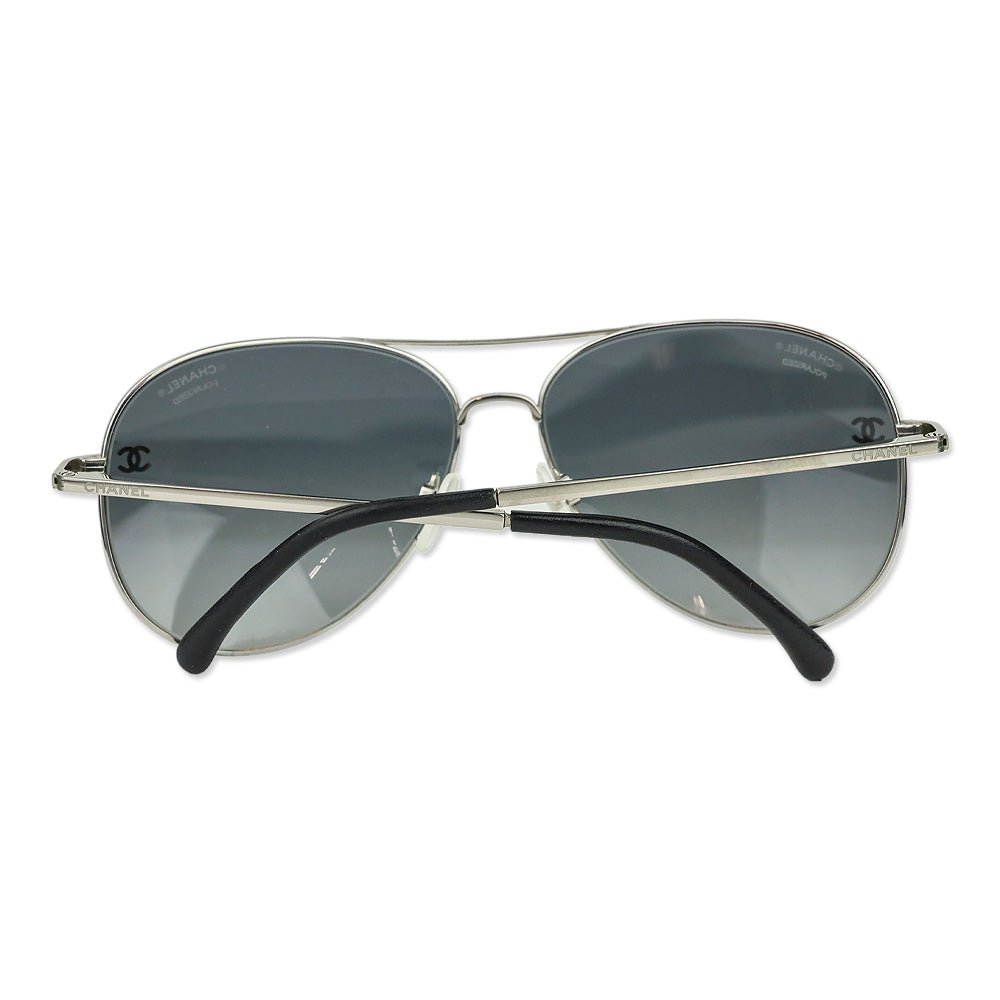 Chanel Silver Titanium & Black Calfskin Pilot Sunglasses