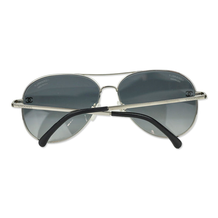 Chanel Silver Titanium & Black Calfskin Pilot Sunglasses