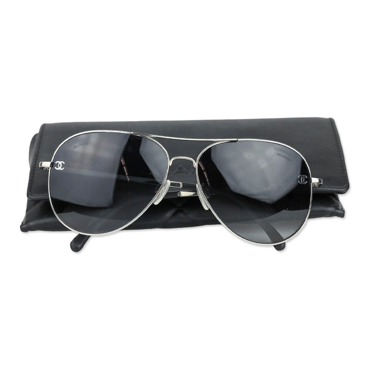 Chanel Silver Titanium & Black Calfskin Pilot Sunglasses