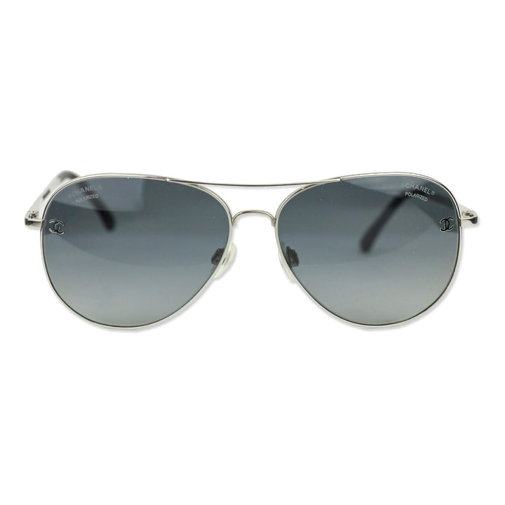 Chanel Silver Titanium & Black Calfskin Pilot Sunglasses