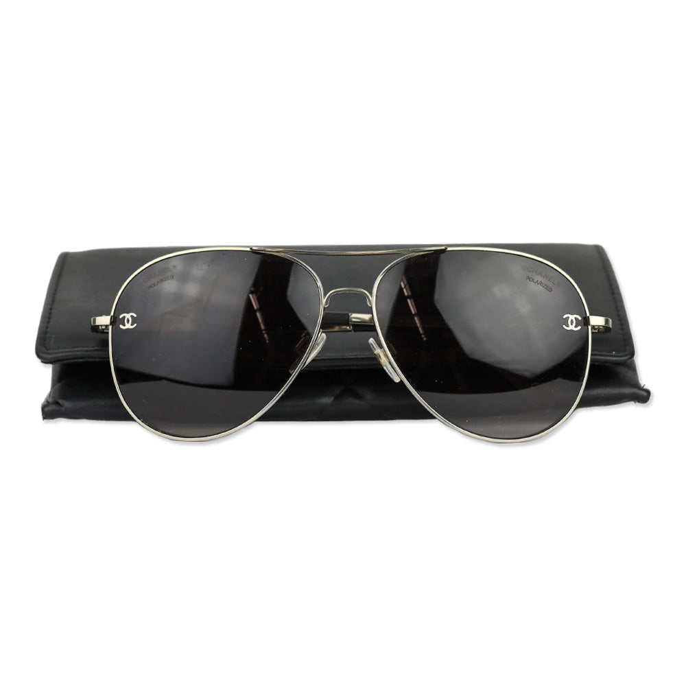 Chanel Silver Titanium & Calfskin Pilot Sunglasses