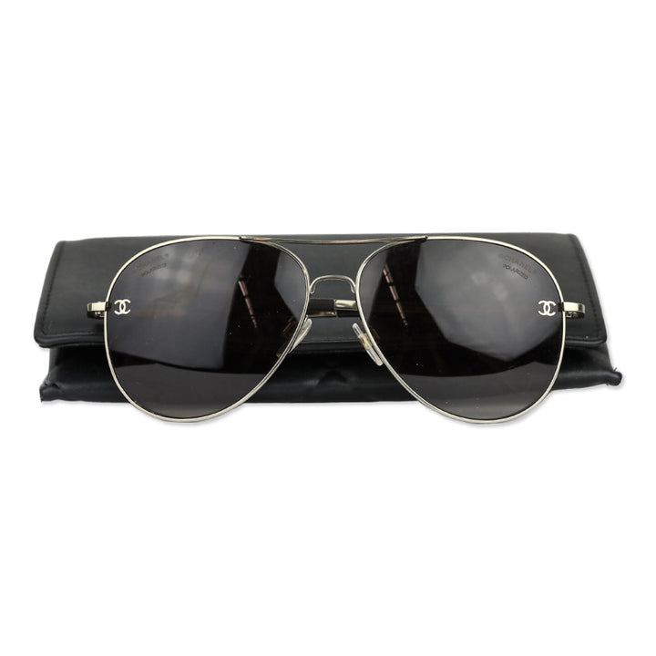Chanel Silver Titanium & Calfskin Pilot Sunglasses