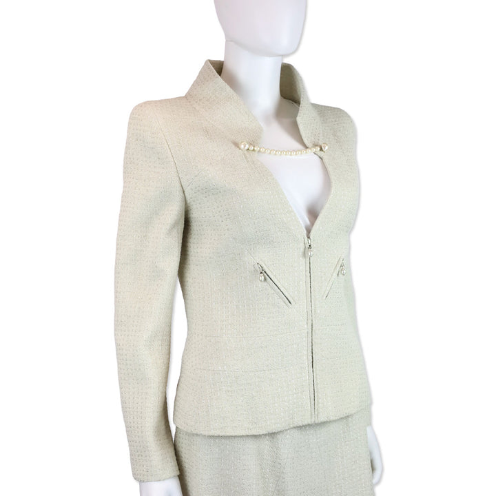 Chanel Spring 2001 Ivory/Metallic Silver Pearl Tweed Suit Jacket & Skirt