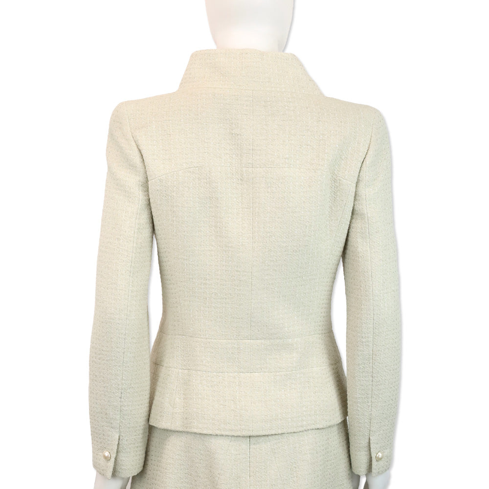 Chanel Spring 2001 Ivory/Metallic Silver Pearl Tweed Suit Jacket & Skirt
