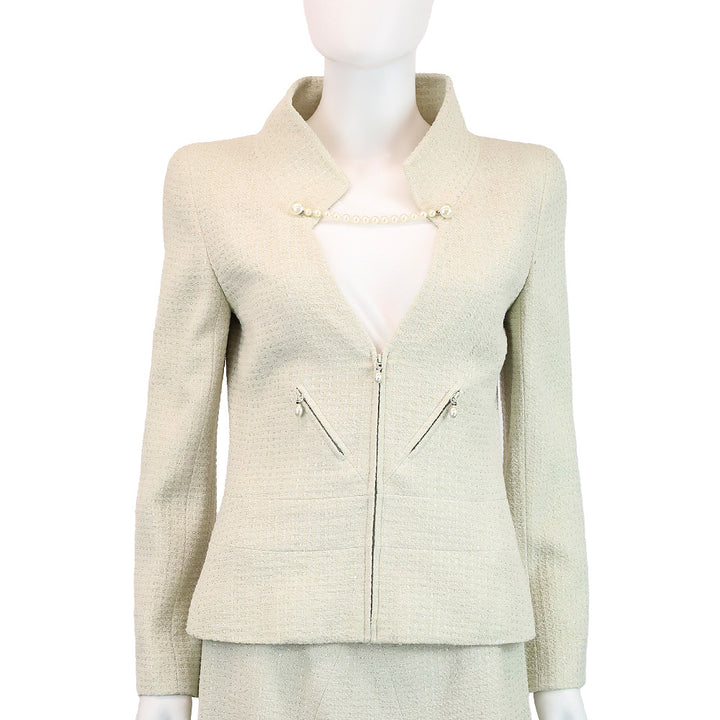 Chanel Spring 2001 Ivory/Metallic Silver Pearl Tweed Suit Jacket & Skirt
