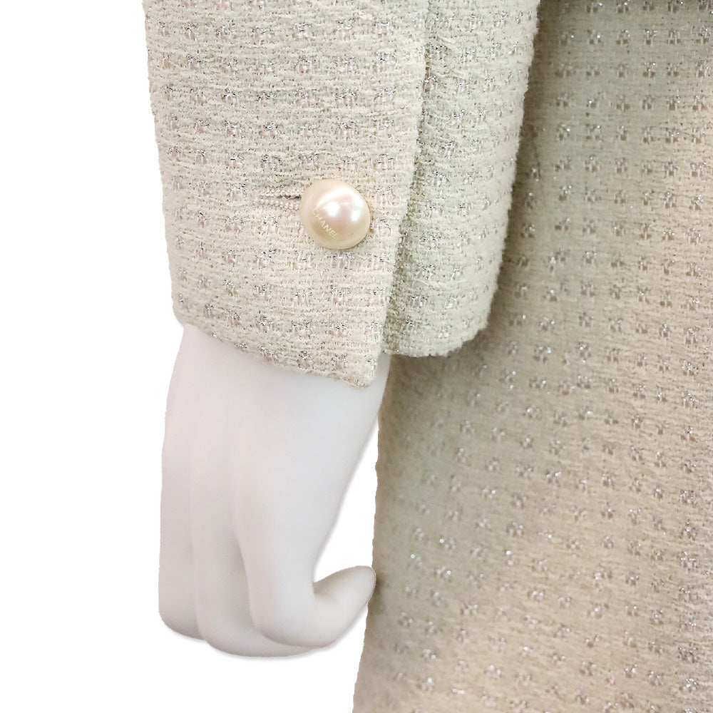 Chanel Spring 2001 Ivory/Metallic Silver Pearl Tweed Suit Jacket & Skirt