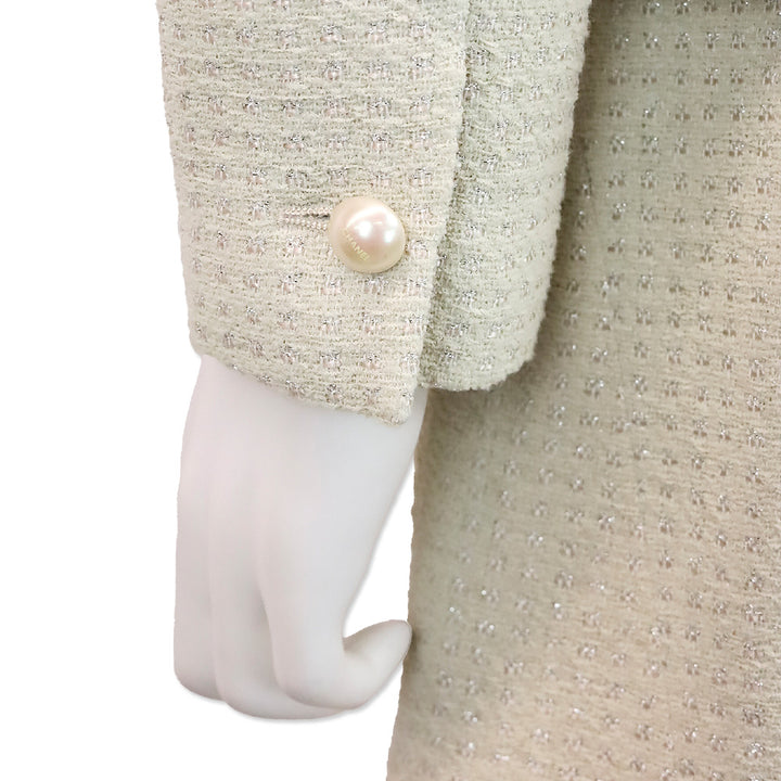 Chanel Spring 2001 Ivory/Metallic Silver Pearl Tweed Suit Jacket & Skirt