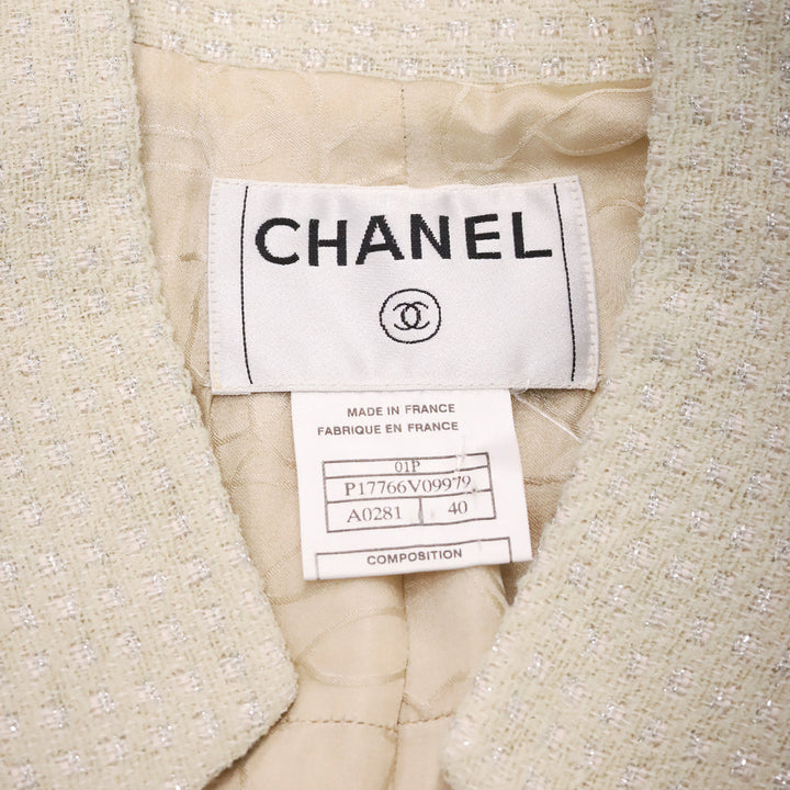 Chanel Spring 2001 Ivory/Metallic Silver Pearl Tweed Suit Jacket & Skirt