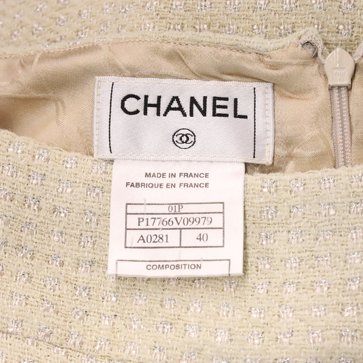 Chanel Spring 2001 Ivory/Metallic Silver Pearl Tweed Suit Jacket & Skirt