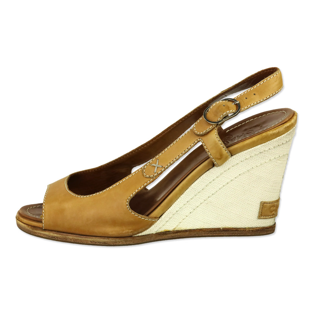 Chanel Tan Leather Canvas Wedge Slingback Sandal