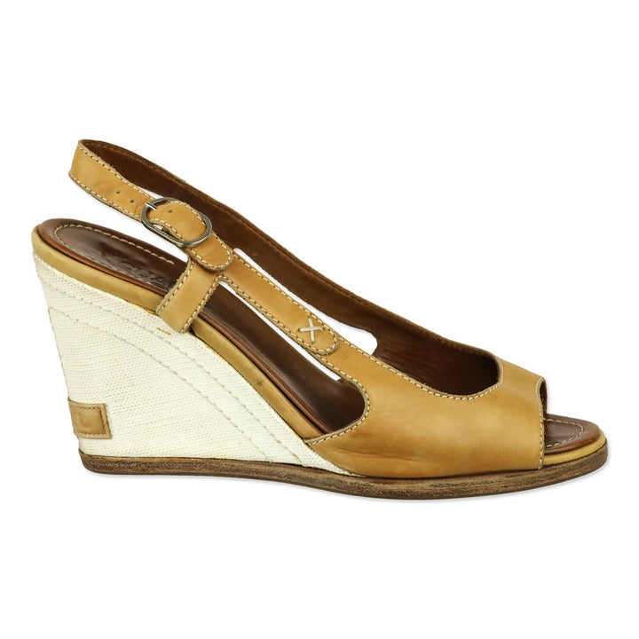 Chanel Tan Leather Canvas Wedge Slingback Sandal