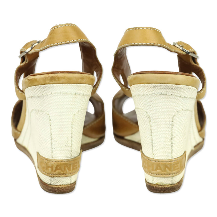 Chanel Tan Leather Canvas Wedge Slingback Sandal