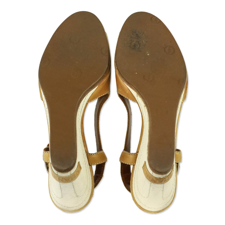 Chanel Tan Leather Canvas Wedge Slingback Sandal