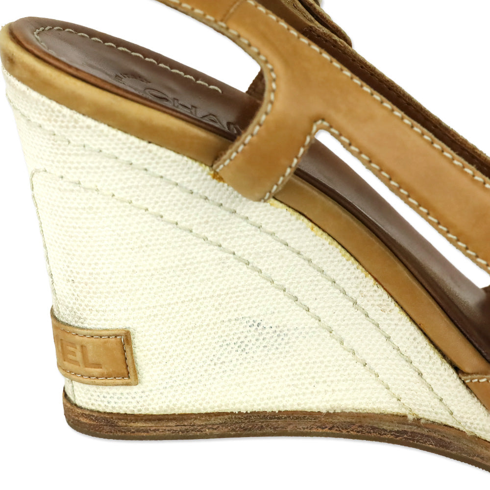 Chanel Tan Leather Canvas Wedge Slingback Sandal
