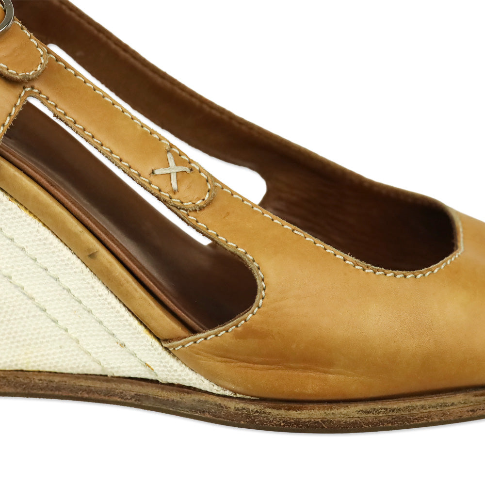 Chanel Tan Leather Canvas Wedge Slingback Sandal