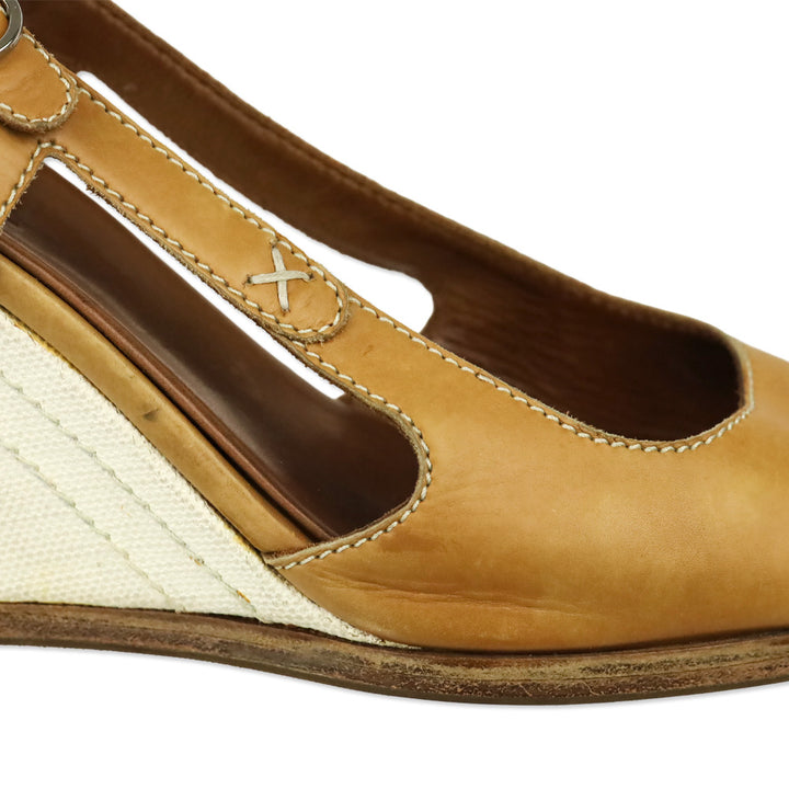 Chanel Tan Leather Canvas Wedge Slingback Sandal