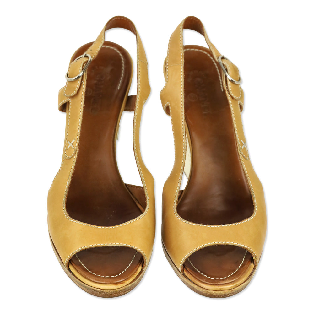 Chanel Tan Leather Canvas Wedge Slingback Sandal