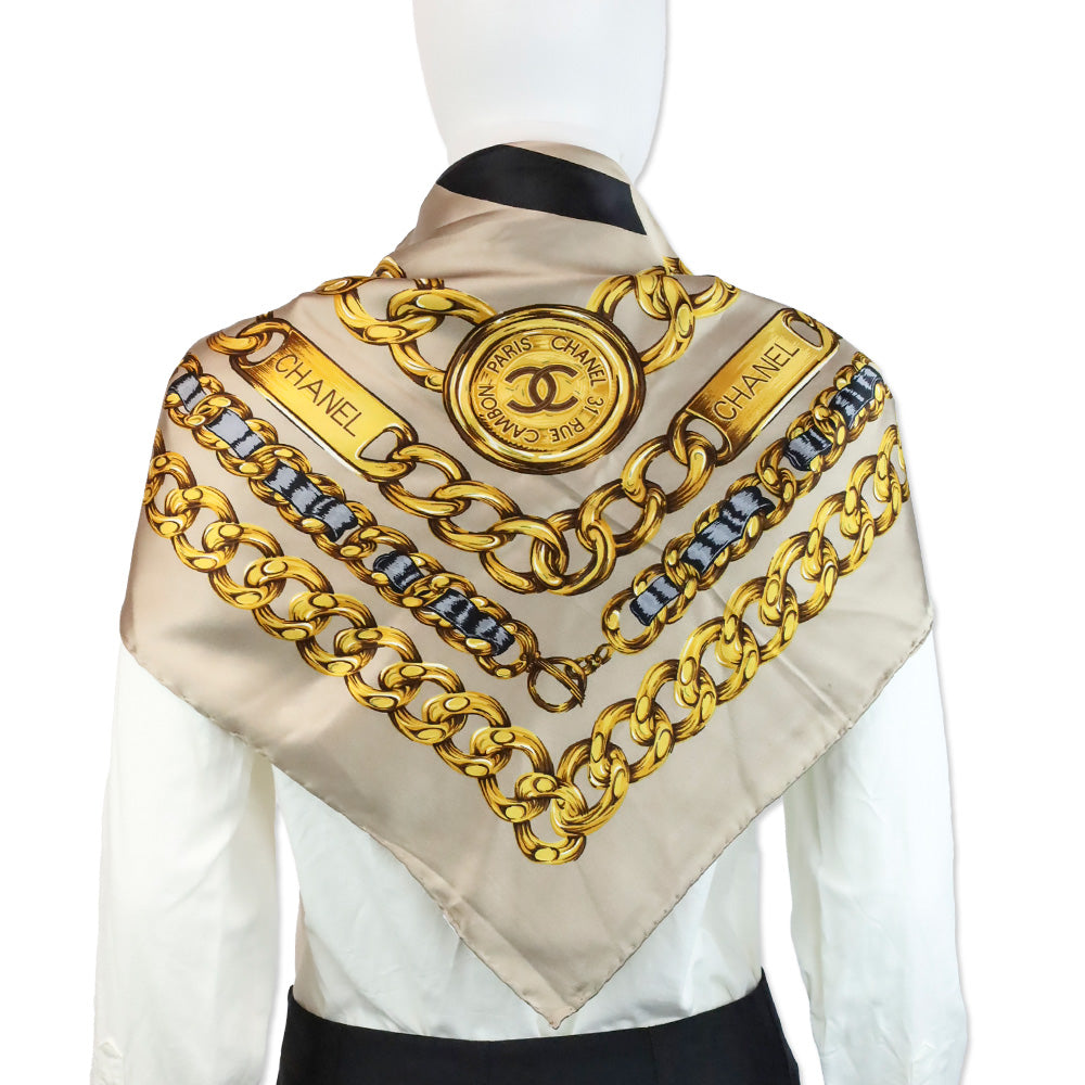 Chanel Taupe CC Chainlink Print Silk Scarf