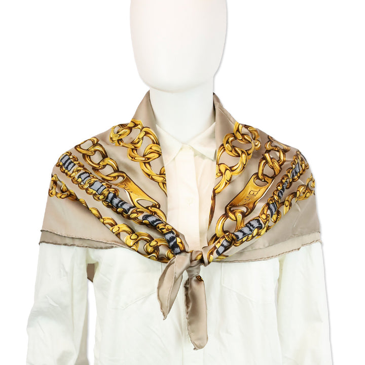 Chanel Taupe CC Chainlink Print Silk Scarf
