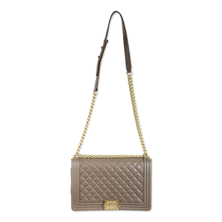 Chanel Taupe Caviar Leather Antique Gold Hardware New Medium Boy Bag